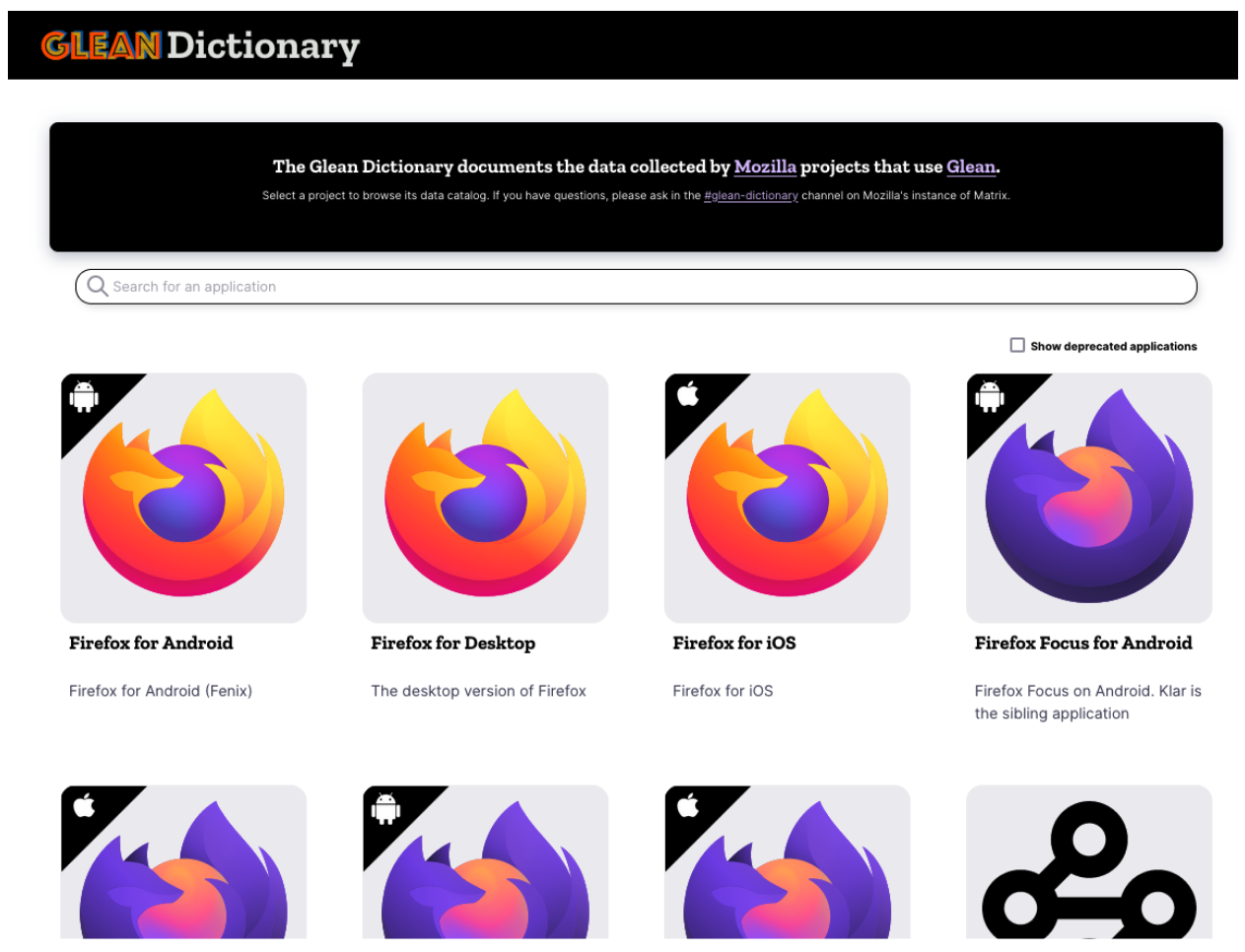 Glean Dictionary landing page
